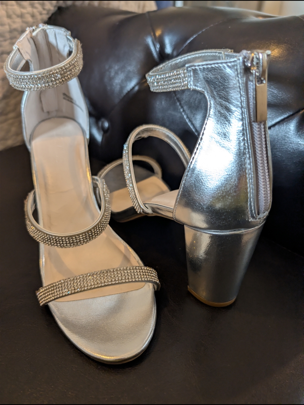 Silver Rhinestone Block Heel Sandals - Women's Evening Shoes
